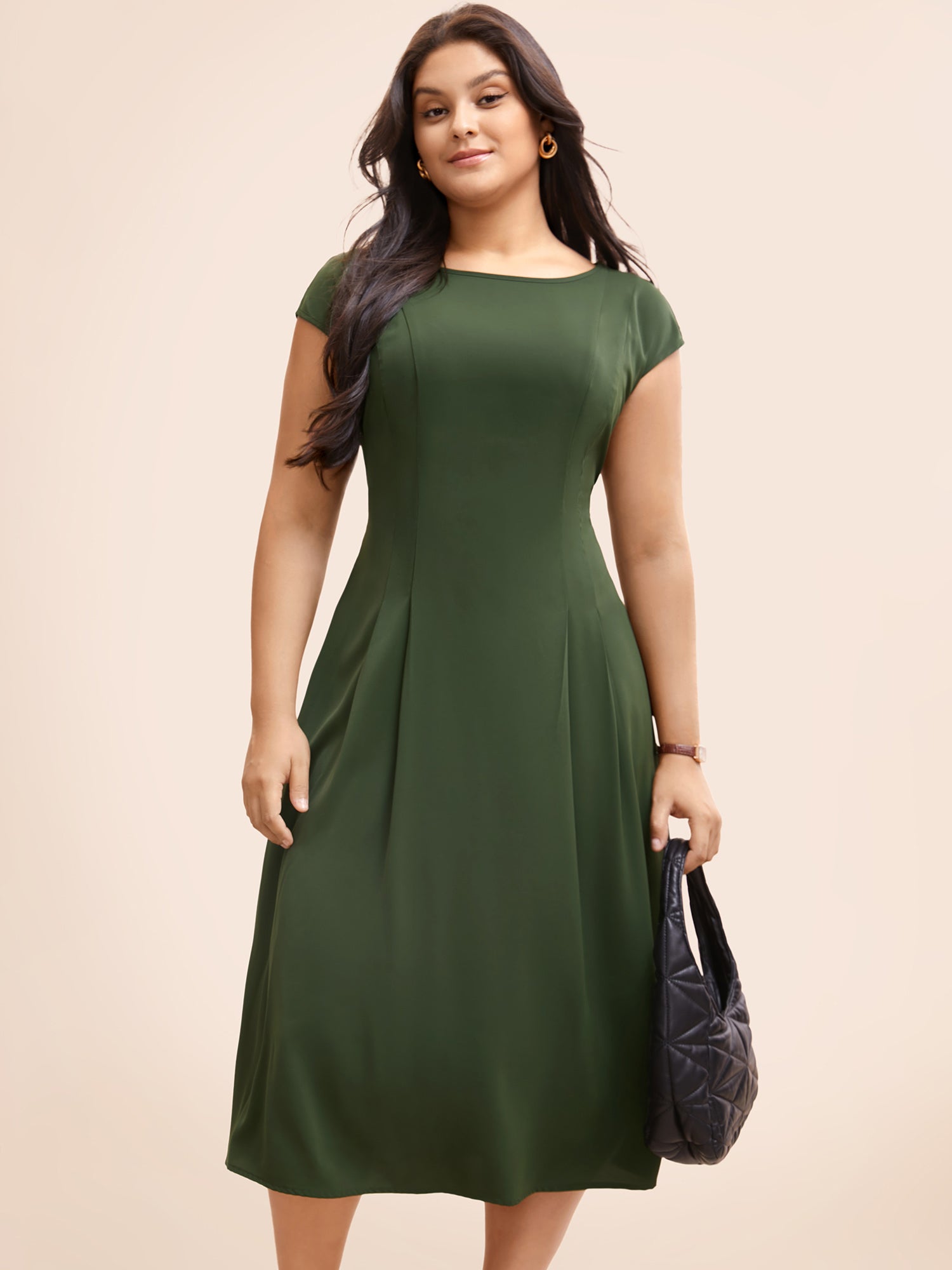 Plain Pleated Shirred Cap Sleeve Dress