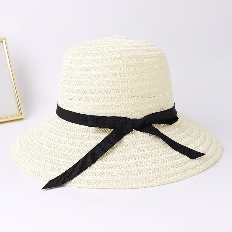 Women's Pastoral Minimalist Solid Color Bowknot Big Eaves Straw Hat