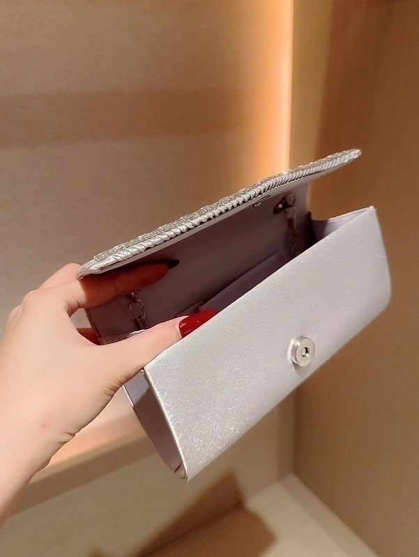 Apricot Silver Polyester Solid Color Rhinestone Square Evening Bags