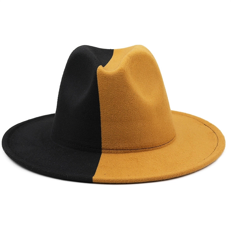Yin And Yang Color Matching Woolen Felt Hat Autumn And Winter Party Fashion Flat-brimmed Jazz Hat