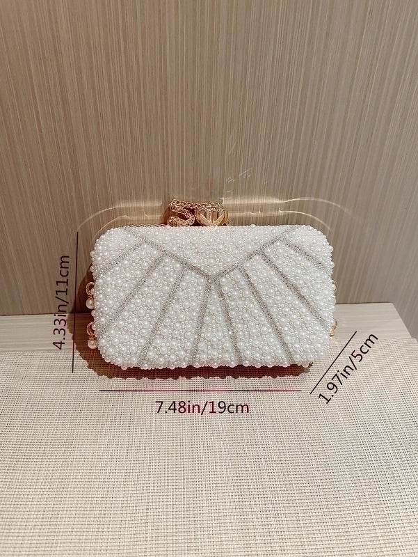 White Polyester Solid Color Pearls Evening Bags