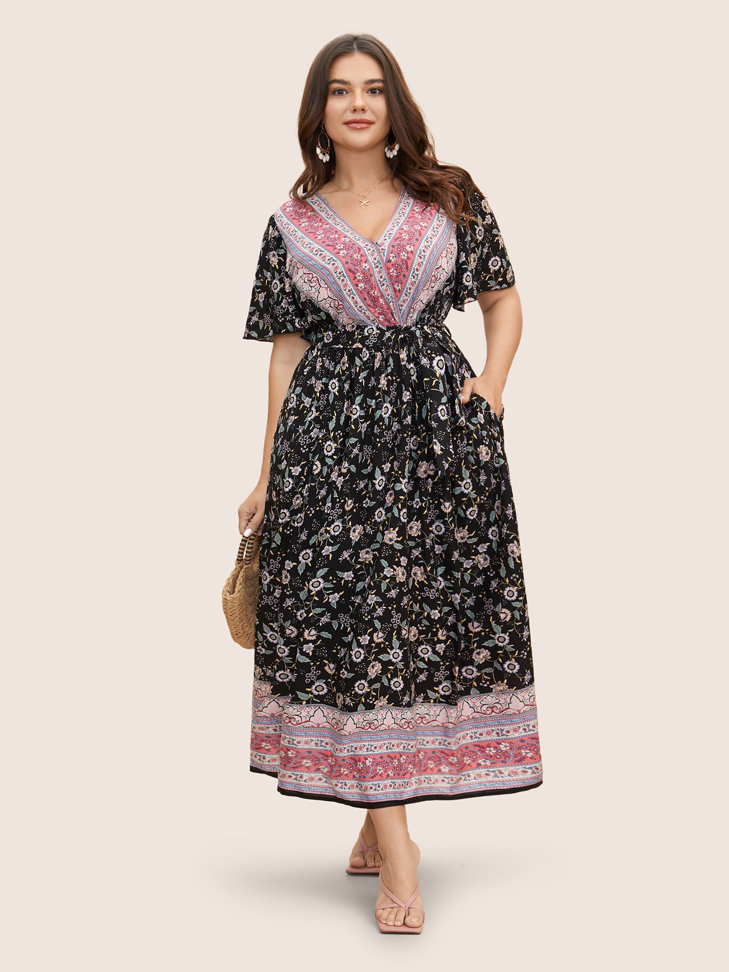 Bandana Surplice Neck Pocket Belted Flutter Hem Maxi Dress