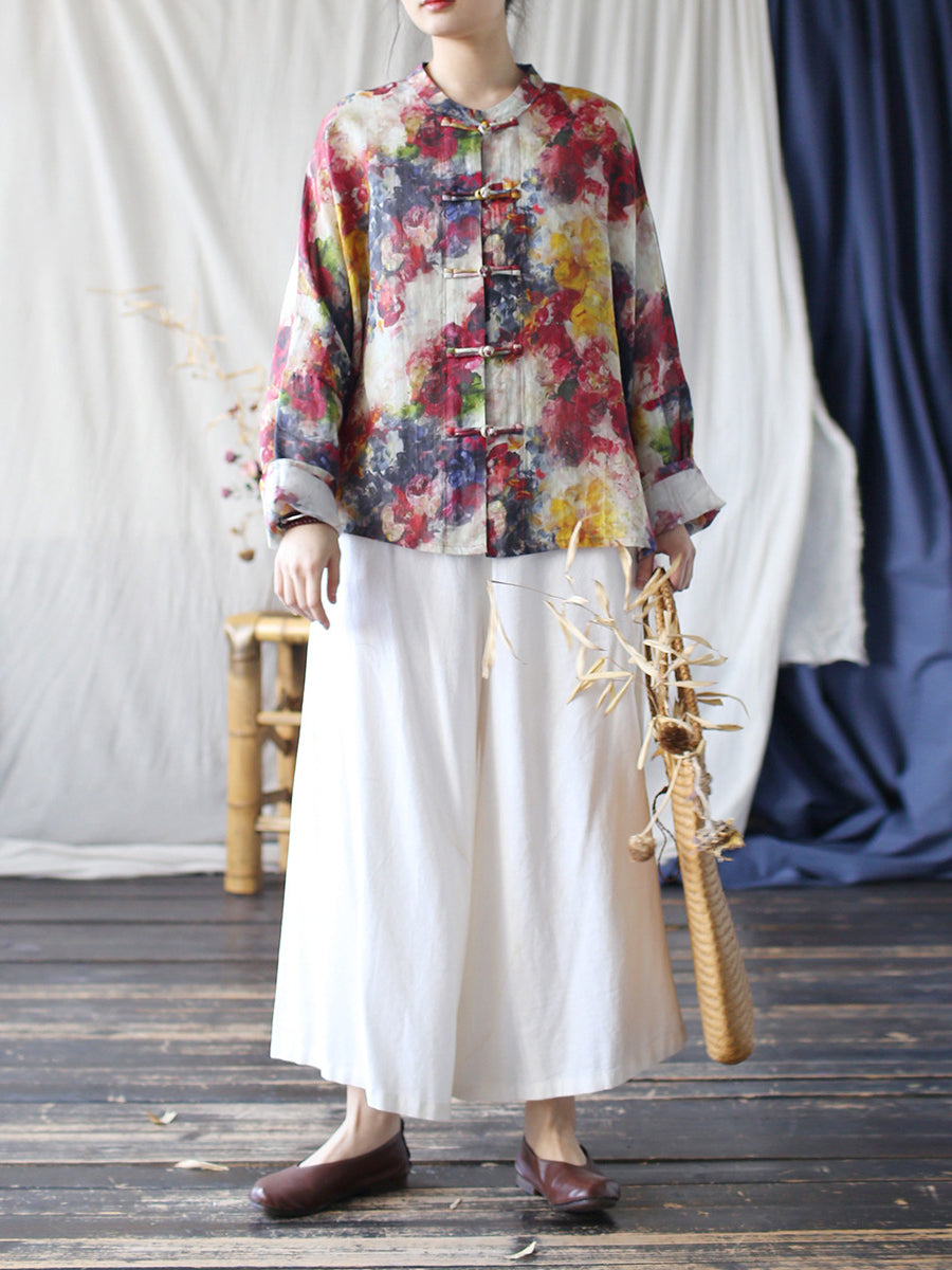 Women Summer Ethnic Flower Ramie Shirt Coat