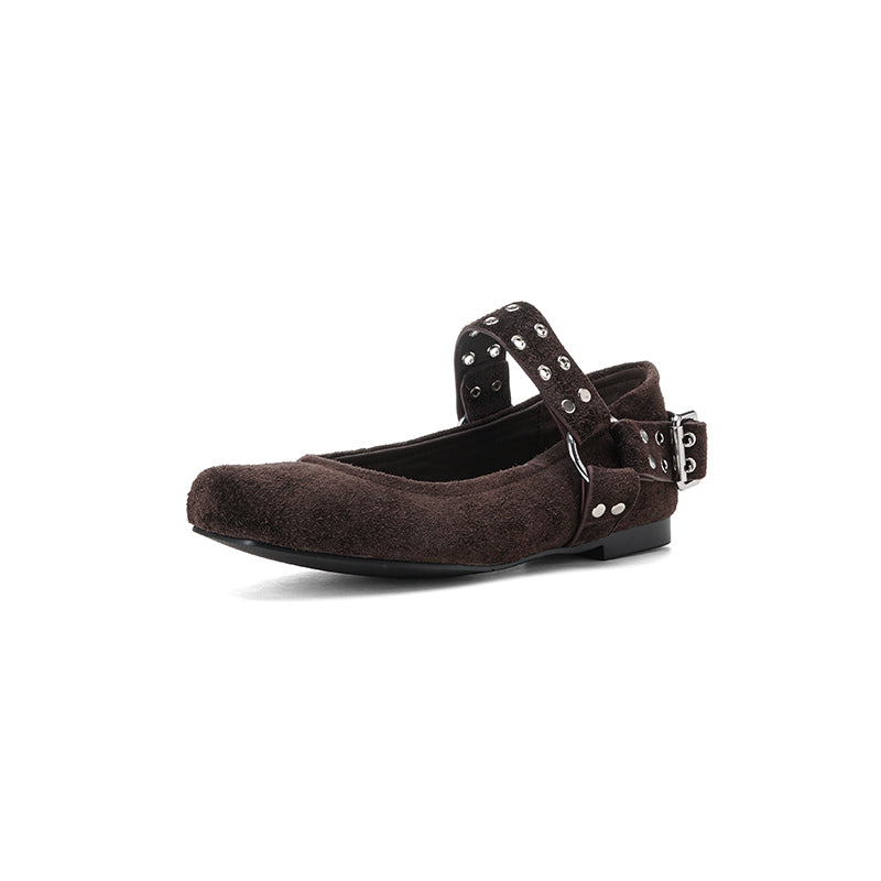 Women's Square Toe Leather Mary Jane Flats with Studded Strap Design in Green/Blue/Brown/Grey