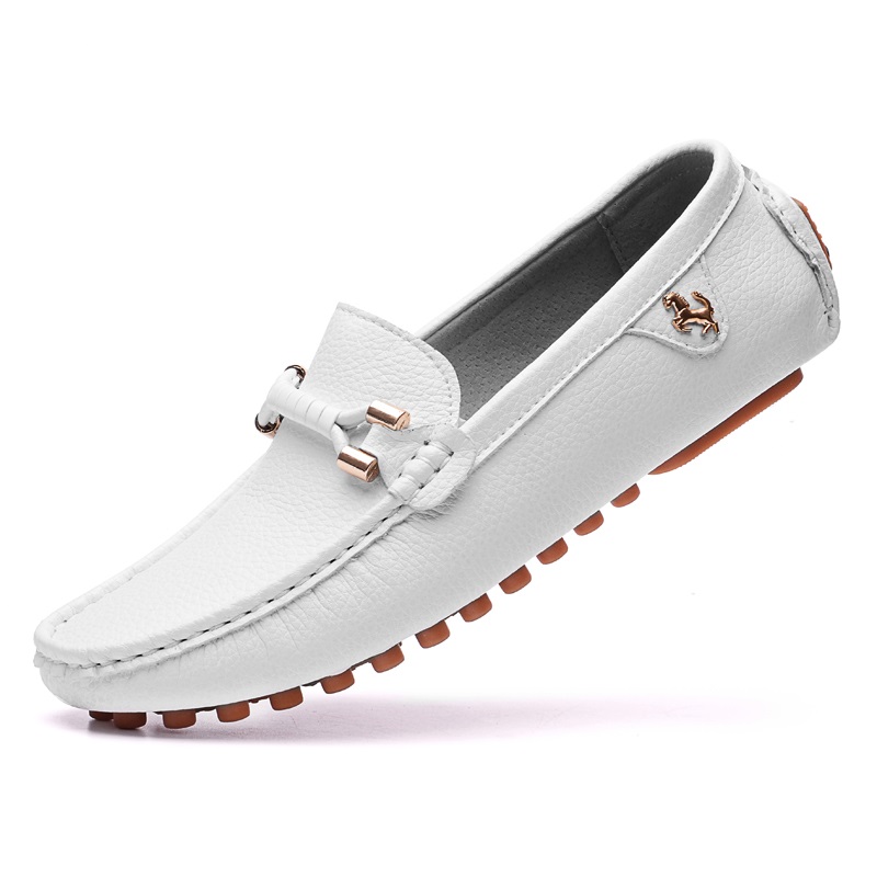 Fransikin business Men Loafers Soft Moccasins High Quality Spring Autumn Genuine Leather Shoes Men Flat Driving Shoes White Soft Folding Bean Shoes