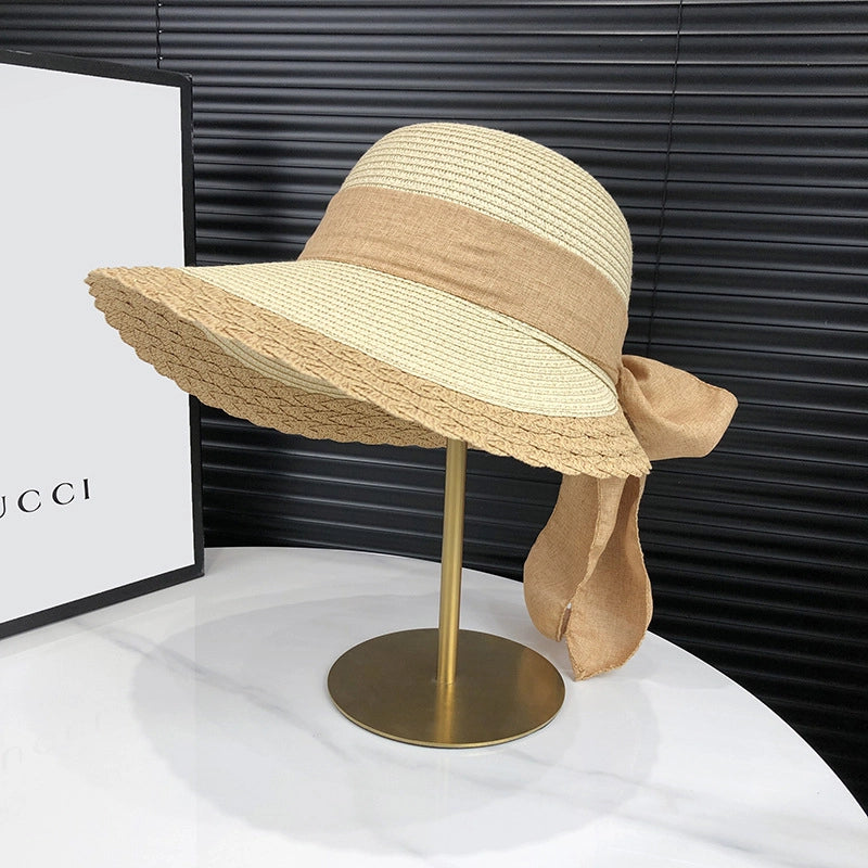 Women's Minimalist Classic Style Color Block Bowknot Flat Eaves Straw Hat