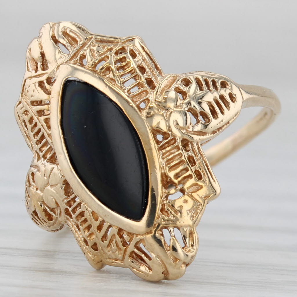 Onyx Navette Cabochon Filigree Ring 10k Yellow Gold Size 7.25