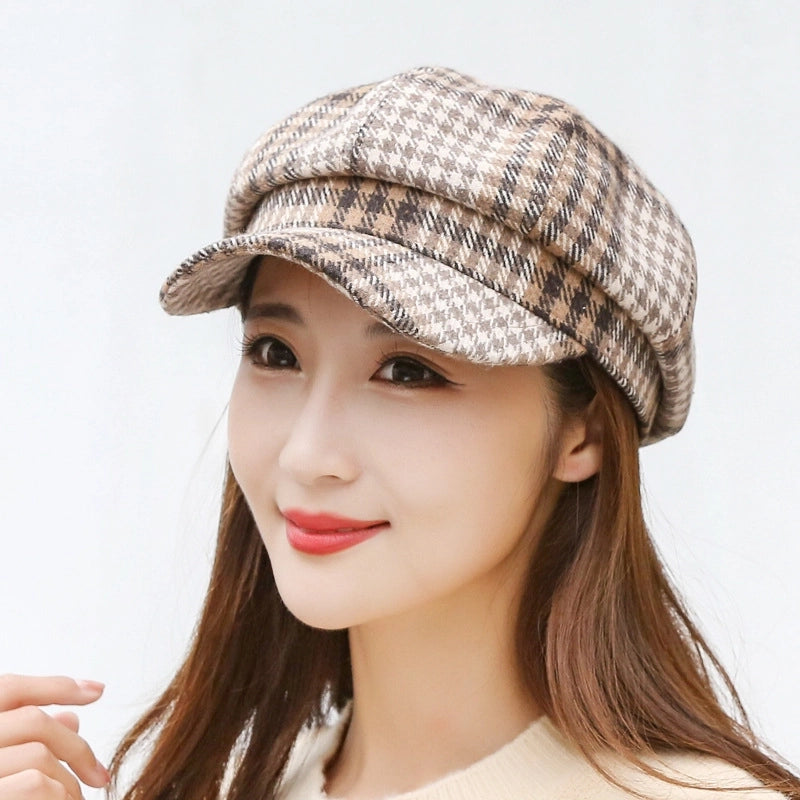 Solid Color Korean Style Imitation Rabbit Fur Octagonal Cap Women's Autumn And Winter Duck Tongue Beret Trendy British Female Young Paintess Cap