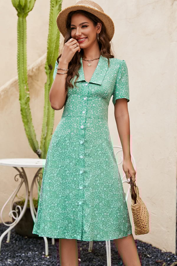 V Neck Button Up Floral Print Casual Dress