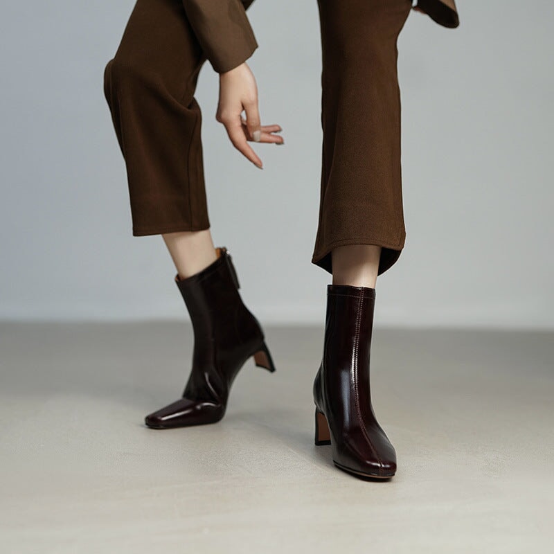 Elegant Ankle Boots 60mm Heeled Back Zipper Slimming Boots in Black/Brown/Suede Brown