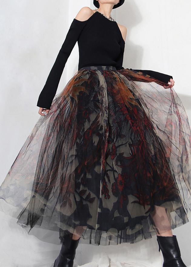 Fine Black Print Lace A Line Tulle Skirts Summer