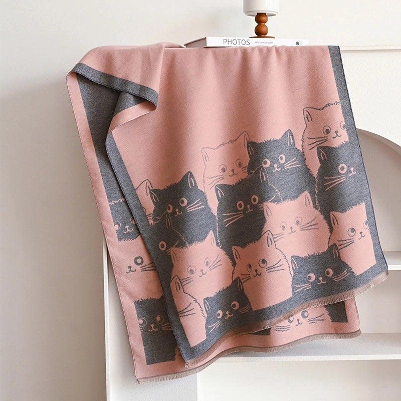 Women's Cute Streetwear Cartoon Cat Cotton Polyester Scarf