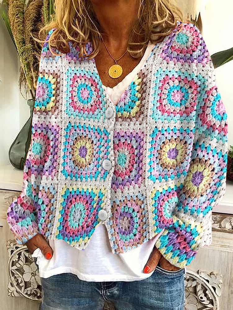 Knitted Crochet Floral V Neck Button Down Cardigan