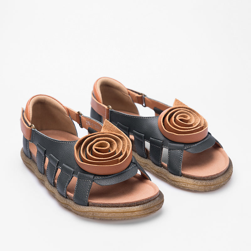 Women's Leather Hollow Sandals Flat with Handmade Flower
