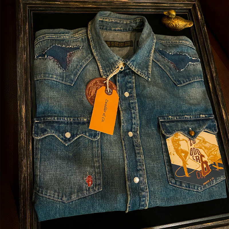 American Western Denim Stitching Washed Distressed Casual Shirt