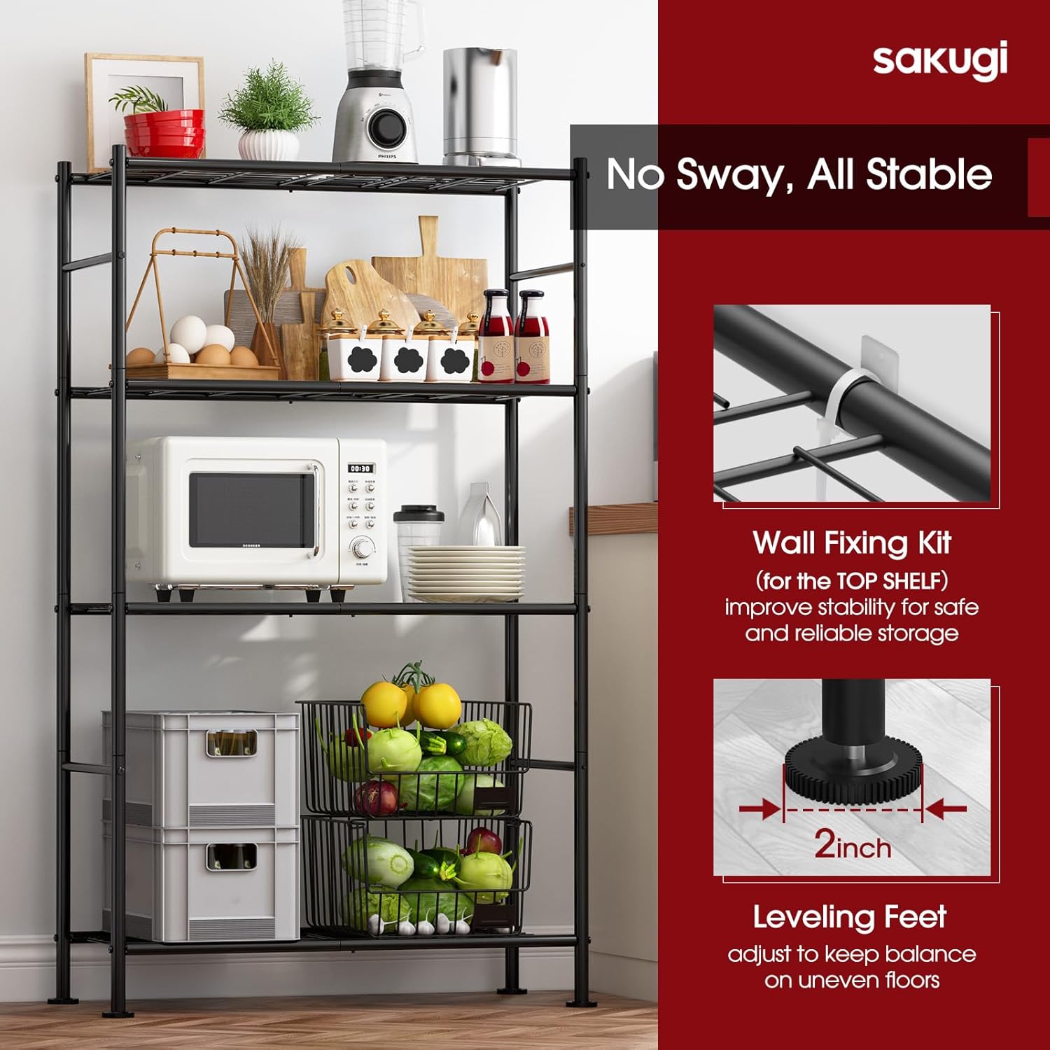 Storage Shelves - 5 Tier Shelf Organizer, Heavy Duty Garage Shelving Unit with Leveling Feet, Stable Metal Shelves Organizer for Pantry, Kitchen and Closet, 33.0