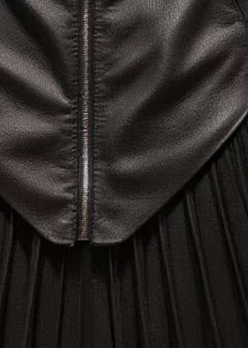 Stylish Black Zippered Wrinkled Patchwork Faux Leather Skirt Summer