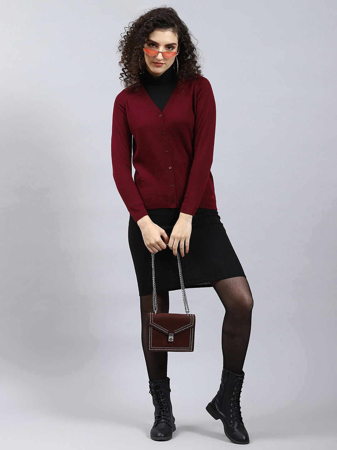 Women Maroon Solid V Neck Full Sleeve Cardigan