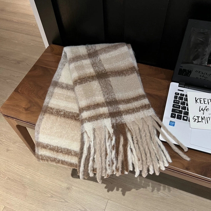 Plaid Tassel Mohair Scarf Women's Spring Students Travel Fashionable Sticker Casual Scarf