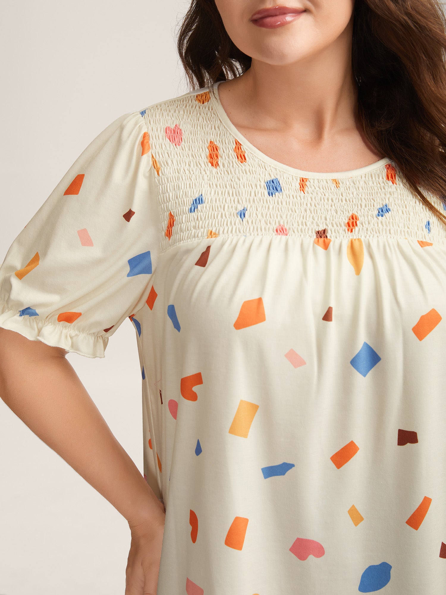 Confetti Print Shirred Round Neck T-Shirt