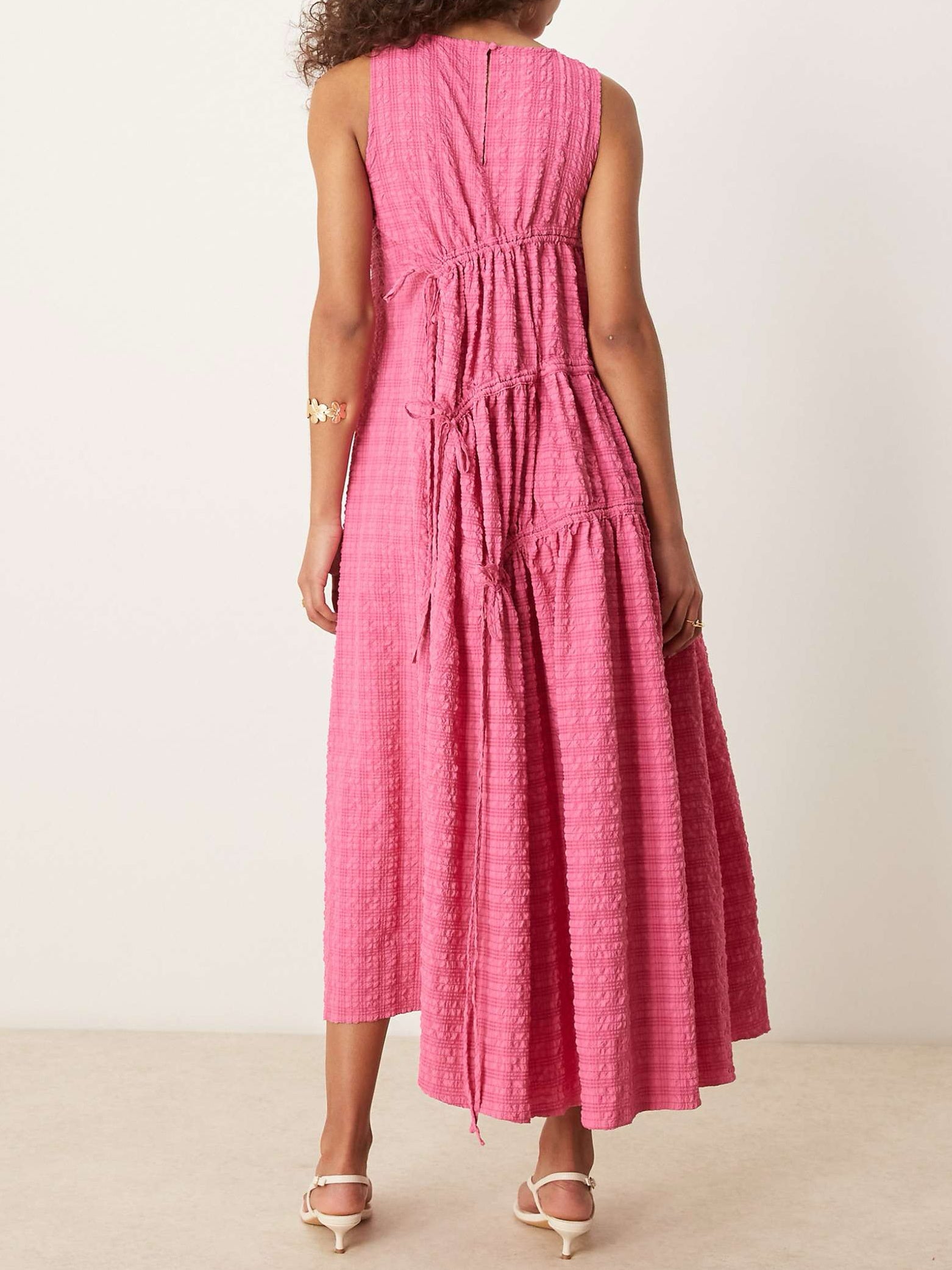 Fuchsia Pink Textured Ruched Midi Dress