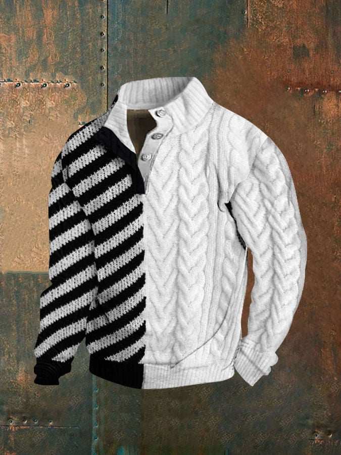 Men's Black and White Striped Cable Stand Collar Pullover