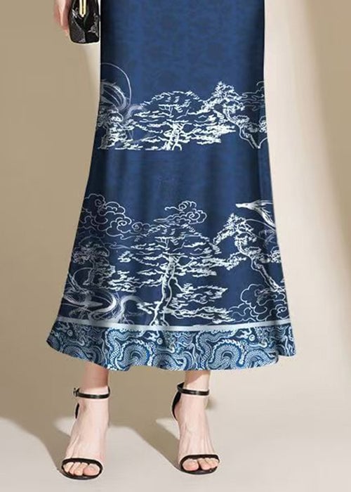 Vintage Navy Print Side Open Cotton Skirt Summer