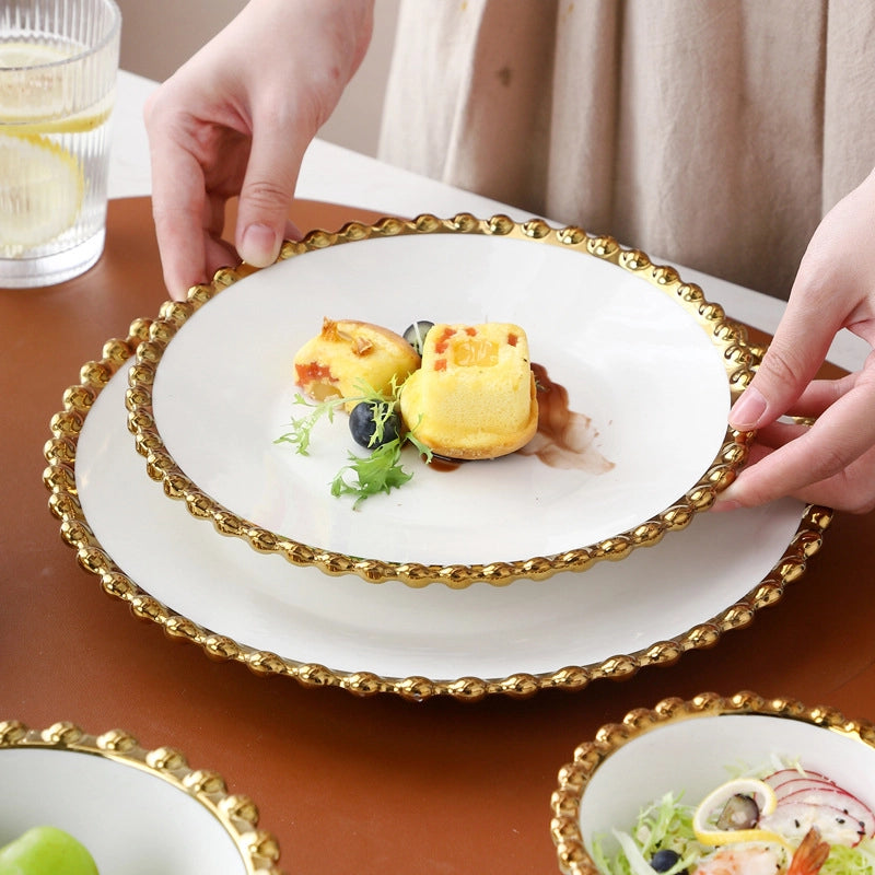 Light Luxury Style Phnom Penh Pearl Point Ceramic Bowl Plate Tableware Household Western Food Plate Steak Plate Fruit Salad Bowl Dessert Bowl