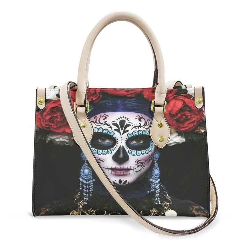 Halloween Women's Medium Pu Leather Human Floral Streetwear Square Hook Loop Customized Tote Bag