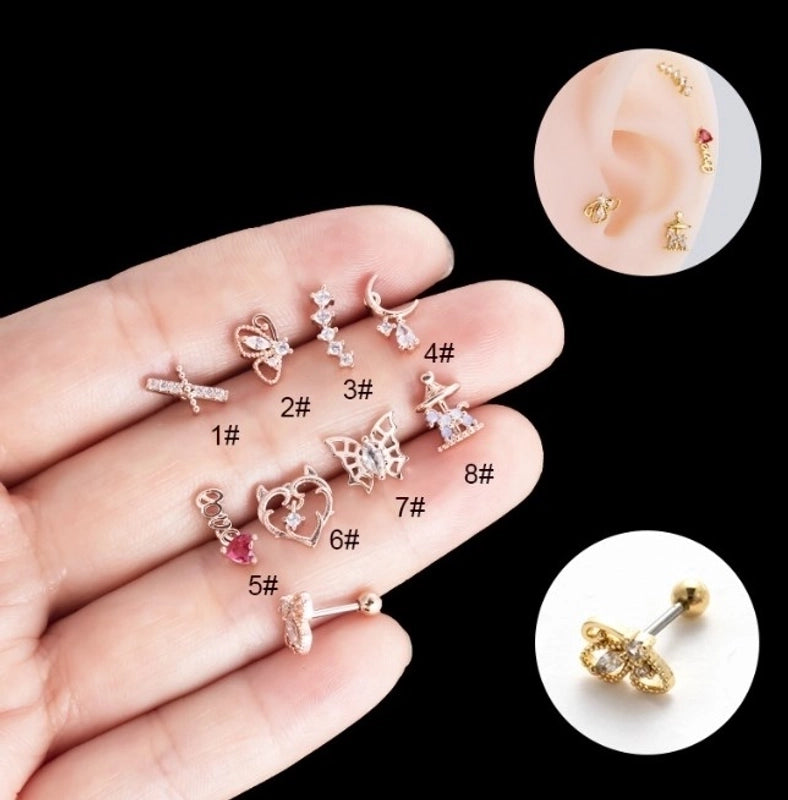 1 Piece Ear Cartilage Rings & Studs Streetwear Heart Shape Butterfly Copper Plating Inlay Zircon