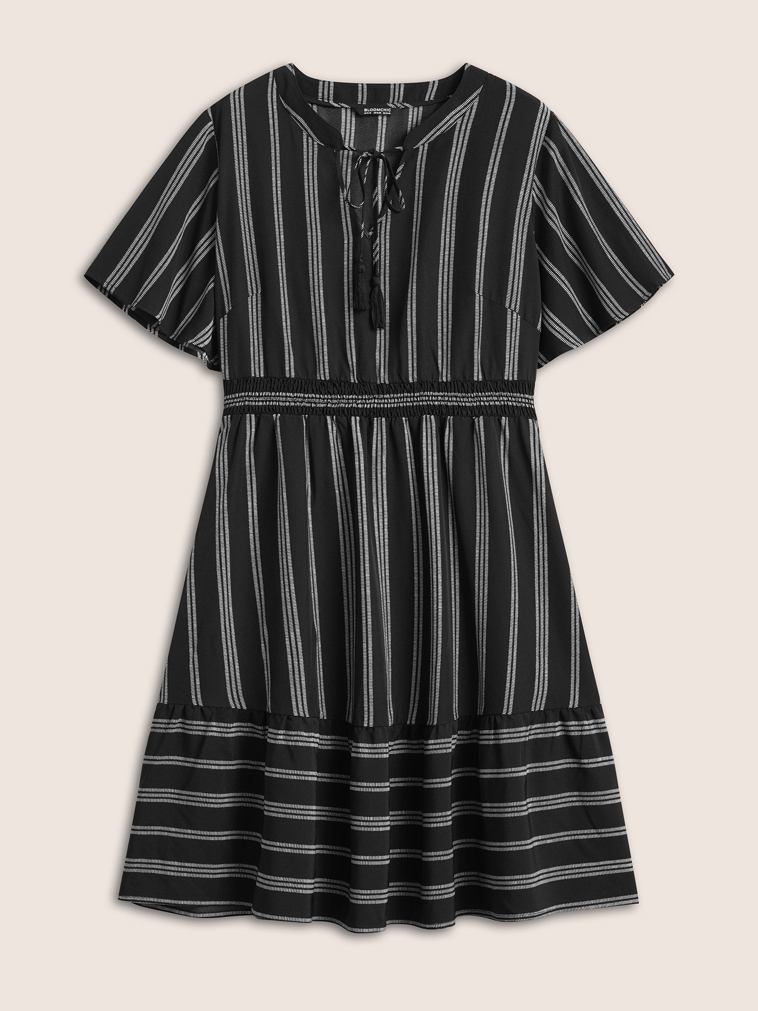 Striped Patchwork Tassels Ties Shirred Dress