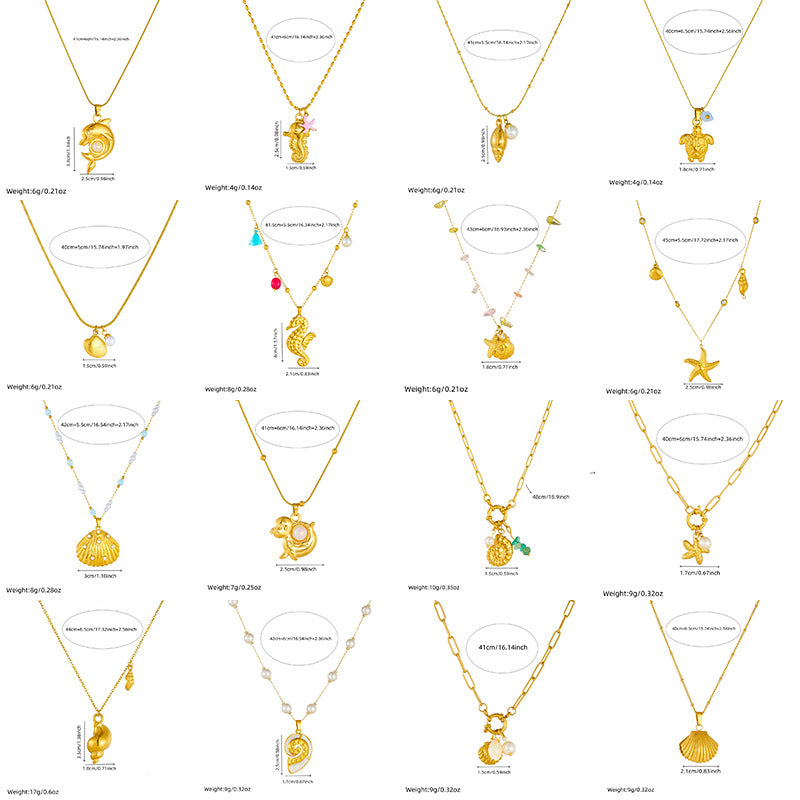 Fashion Ocean Series Accessories Pendant Gold-Plated Stainless Steel Starfish Shell Multi-Element Oil Drop Butterfly Necklace