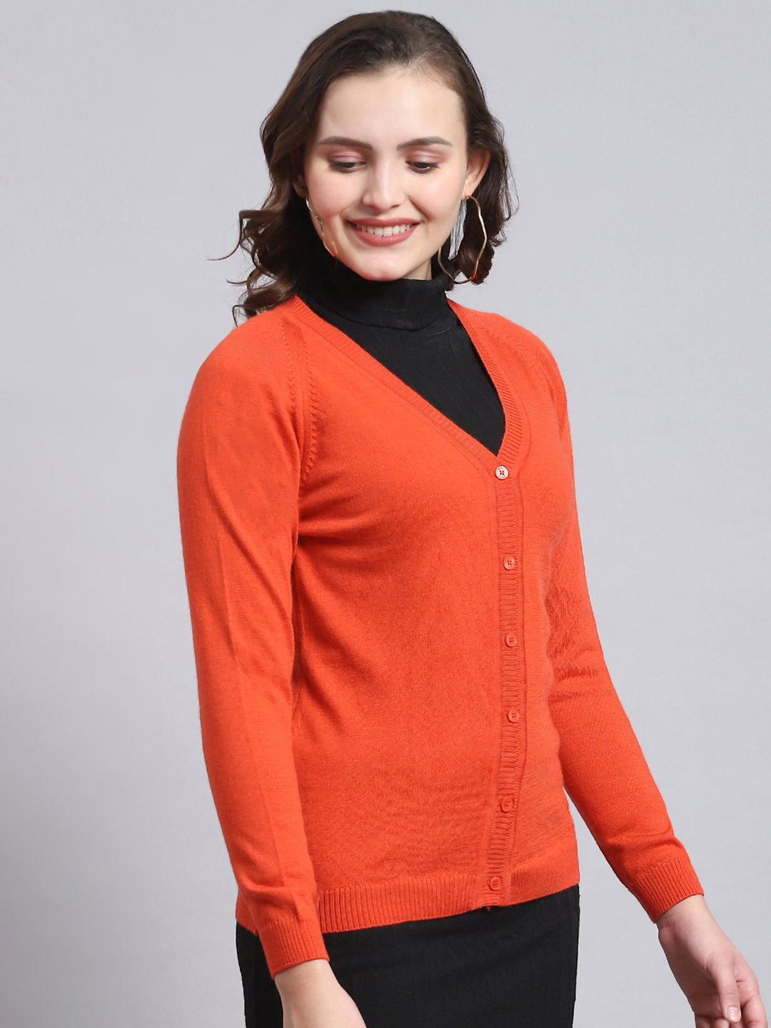 Women Red Solid V Neck Full Sleeve Cardigan