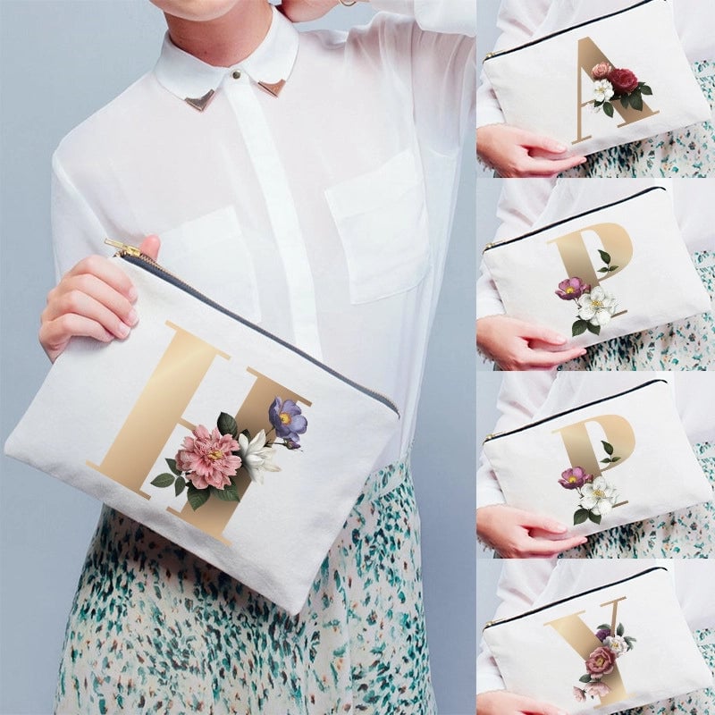 Letter Flower Makeup Bag Personalized Style English Letters Hand-held Cosmetic Bag Canvas Bag