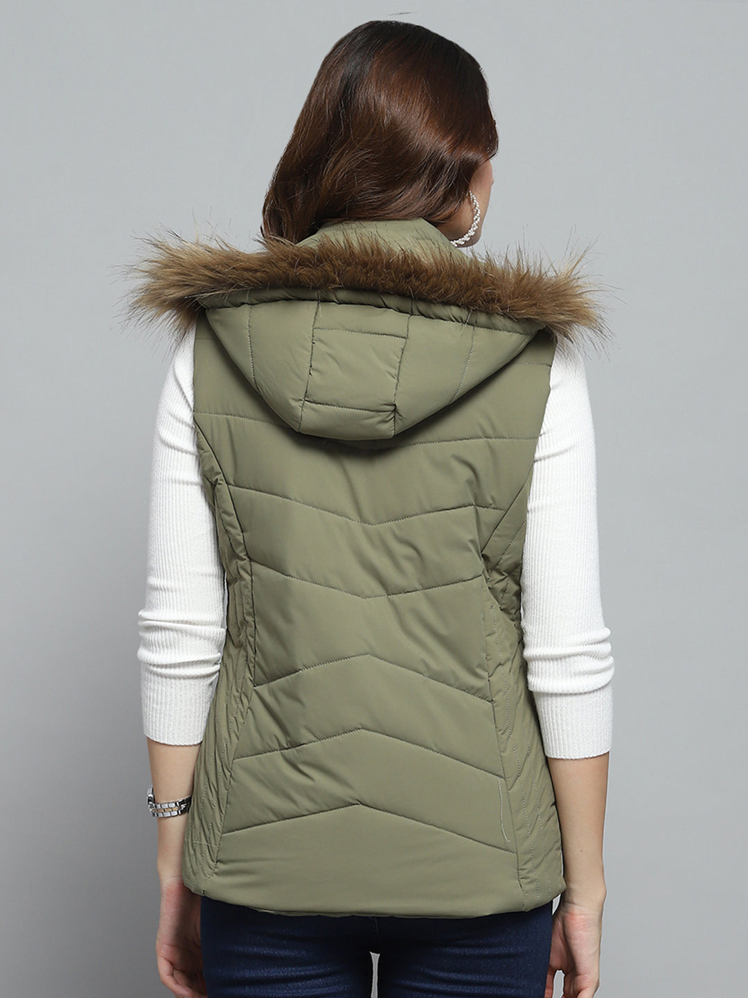 Women Green Solid Detachable Hood Sleeveless Jacket