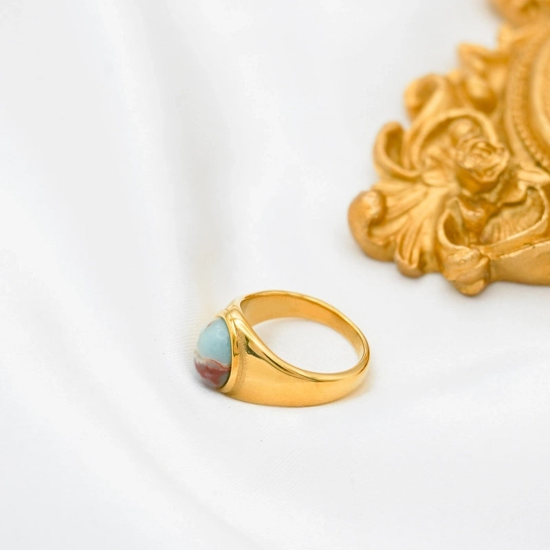 Retro Oval Stainless Steel Plating Inlay Agate 18k Gold Plated Rings