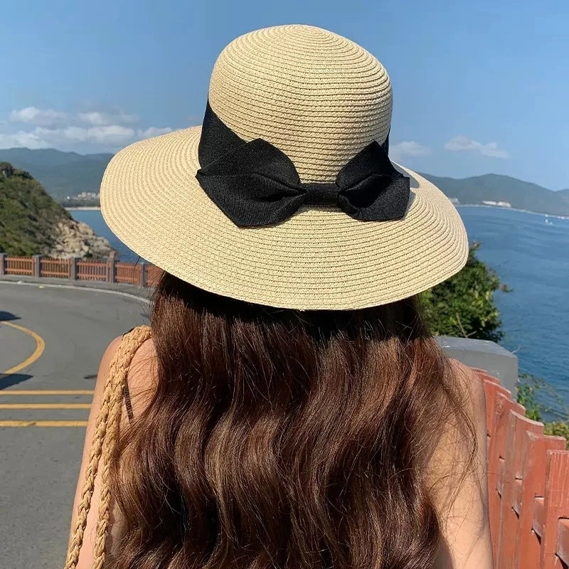 Women's Vacation Solid Color Bowknot Big Eaves Straw Hat