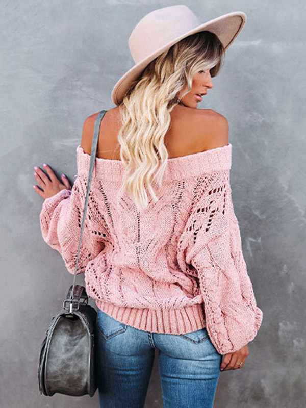 Vintage Long Sleeves Loose Solid Color Off-The-Shoulder Sweater Tops