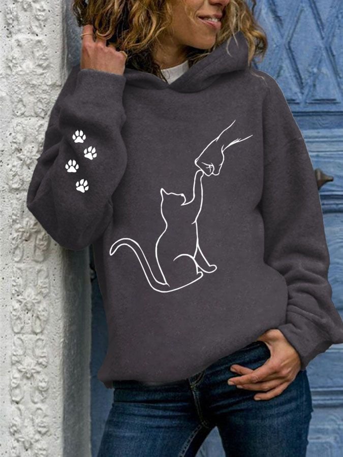 Women's Cat and Hand Print Casual Hoodie