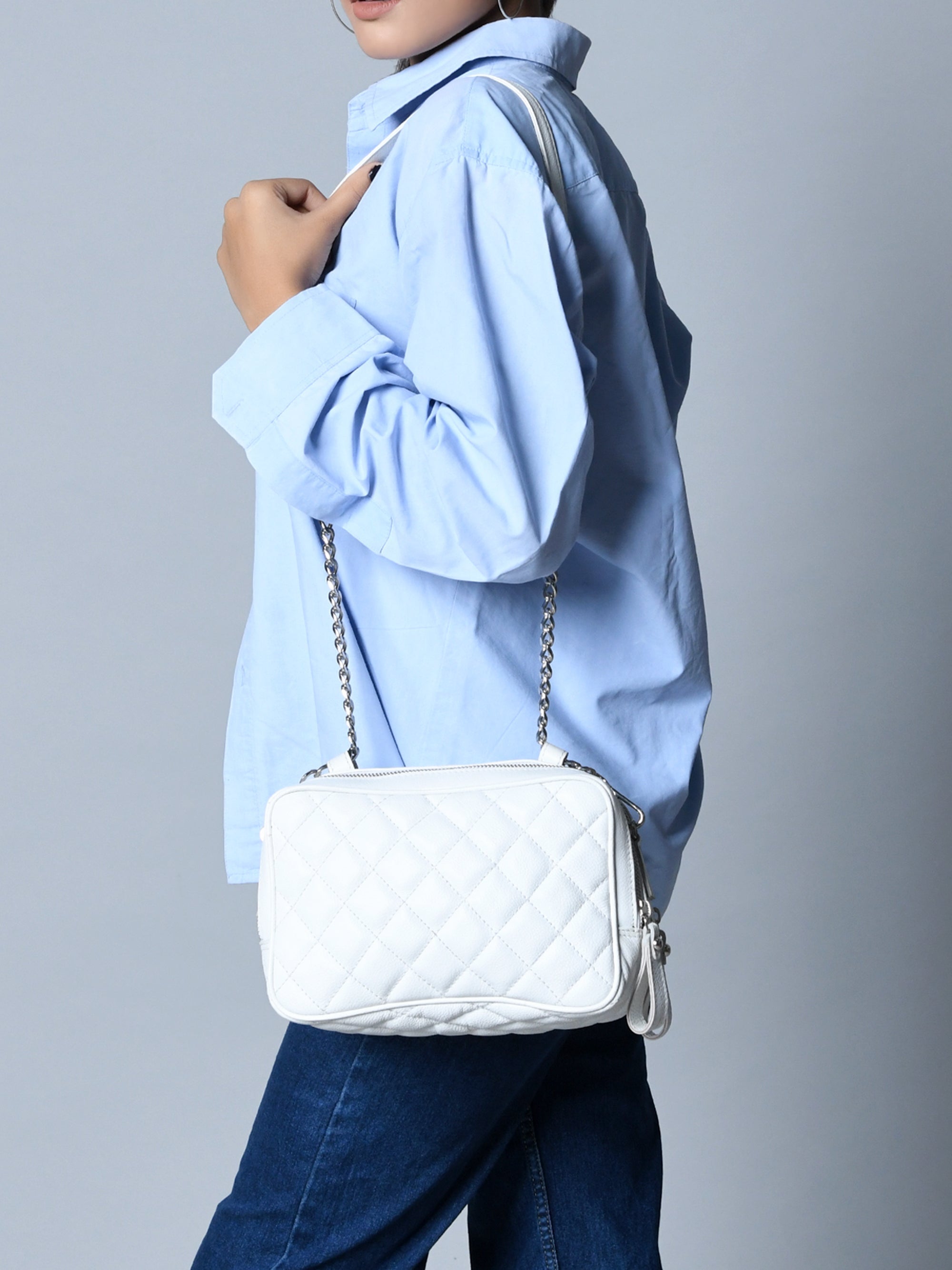 Stylish Mini Quilted Crossbody Bag. White