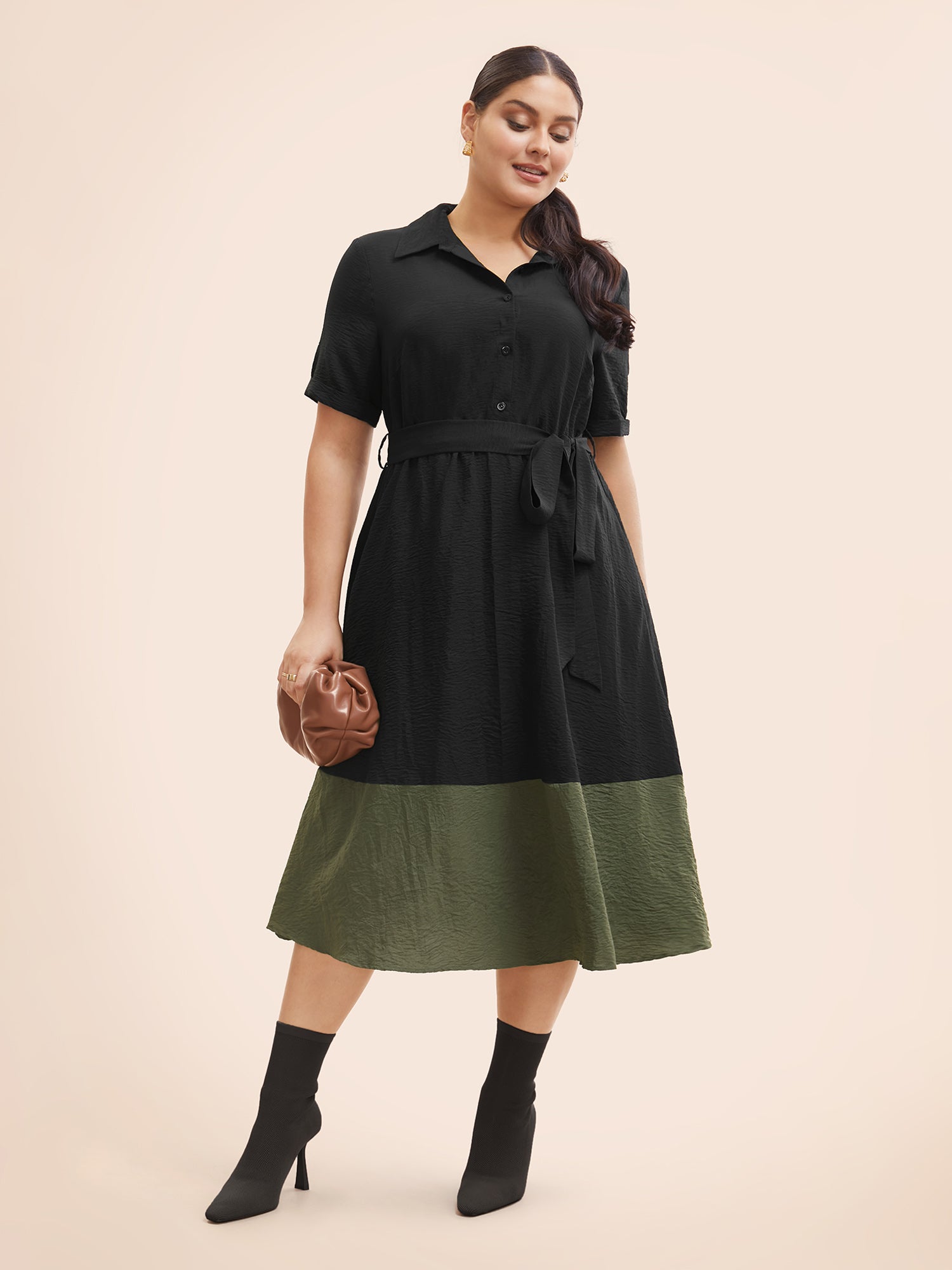 Shirt Collar Contrast Patchwork Belted Midi Dress