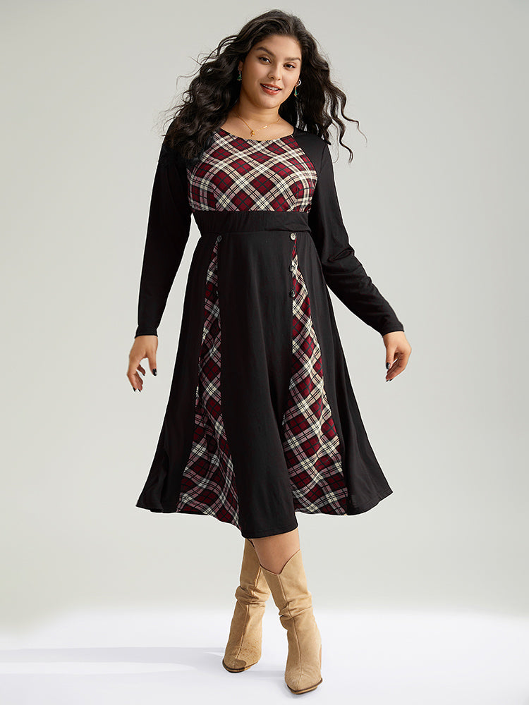 Christmas Plaid Patchwork Button Detail Dress