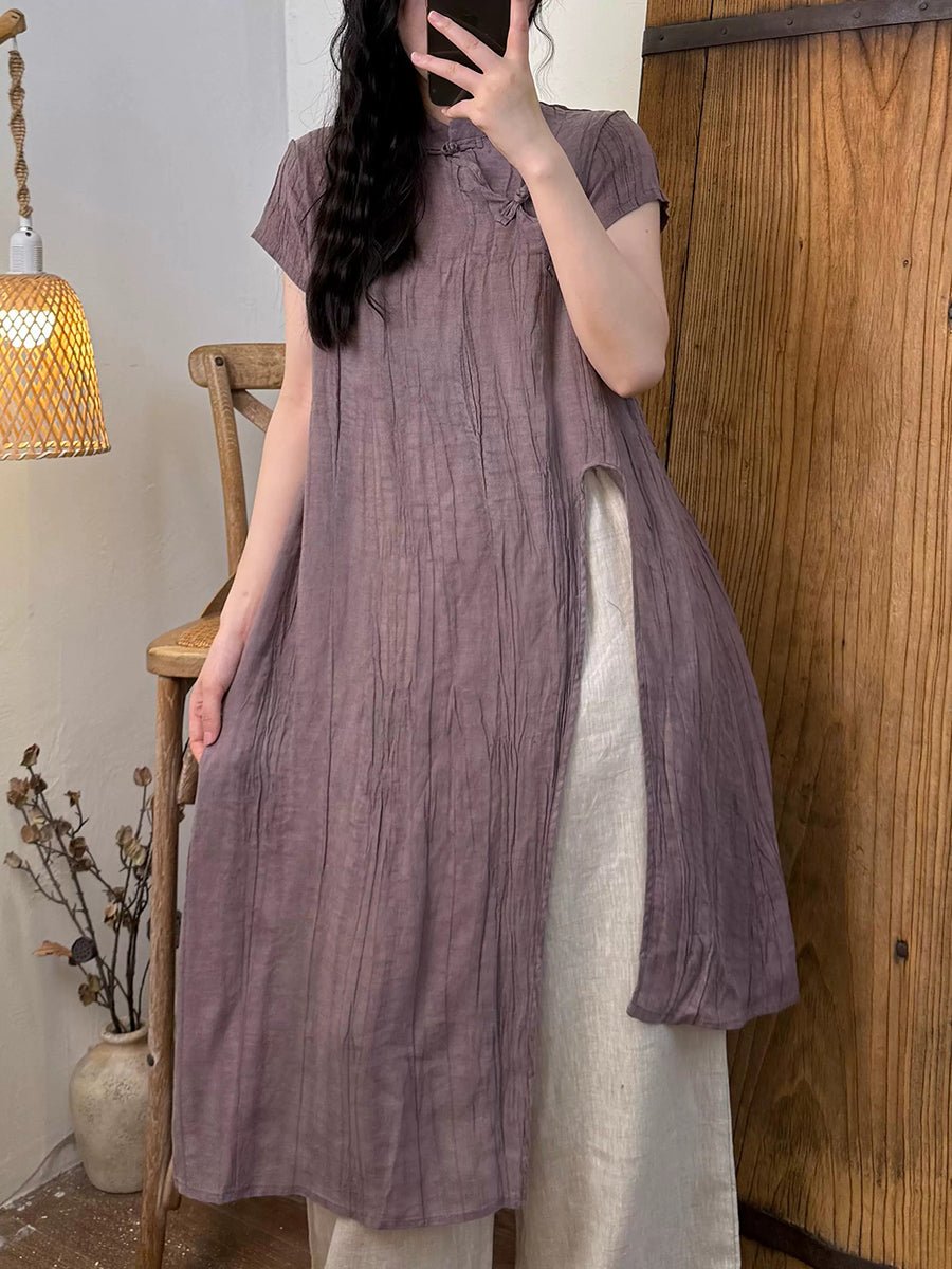 Women Summer Ethnic Pure Color High Split Ramie Robe Dress