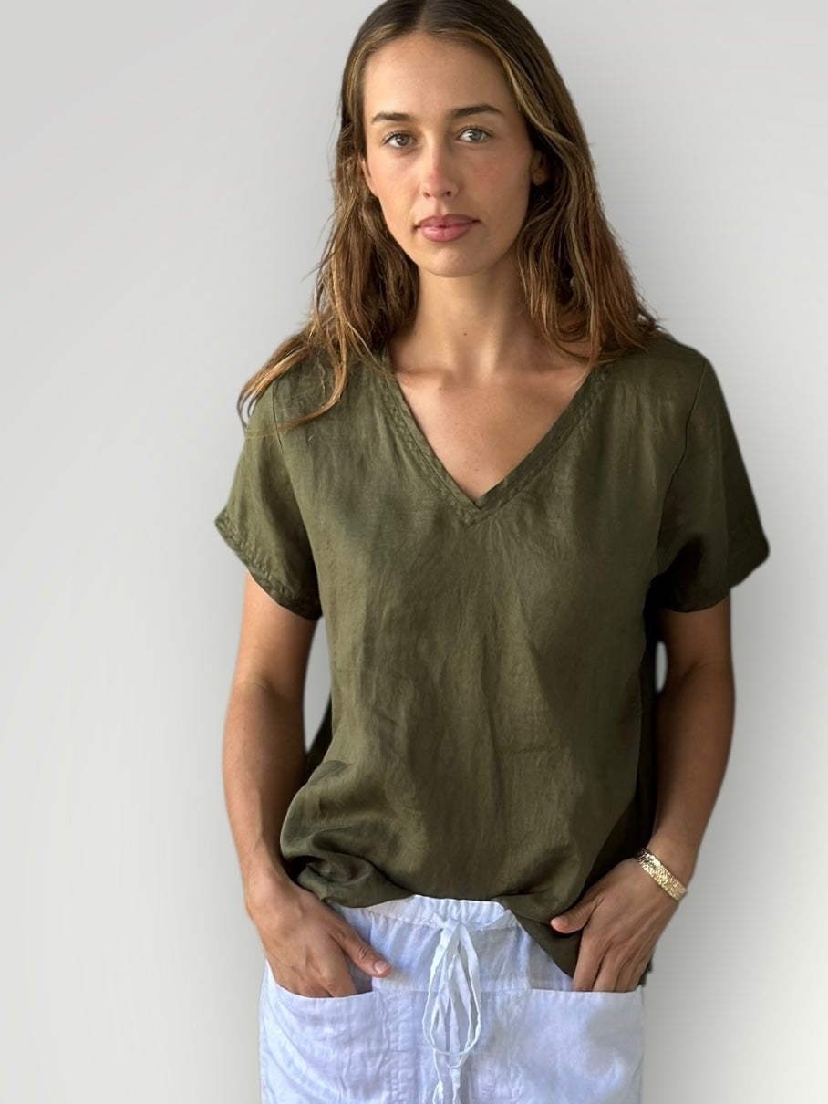 ellie v neck top - army linen