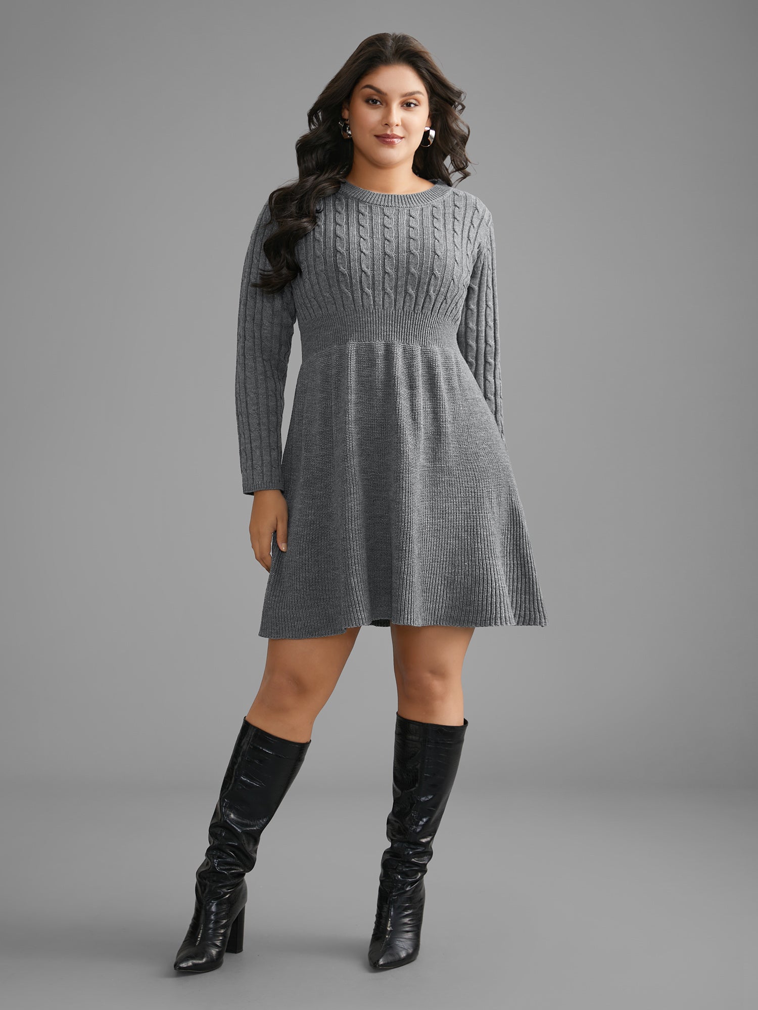 Cable Knit Fit-and-Flare Midi Sweater Dress