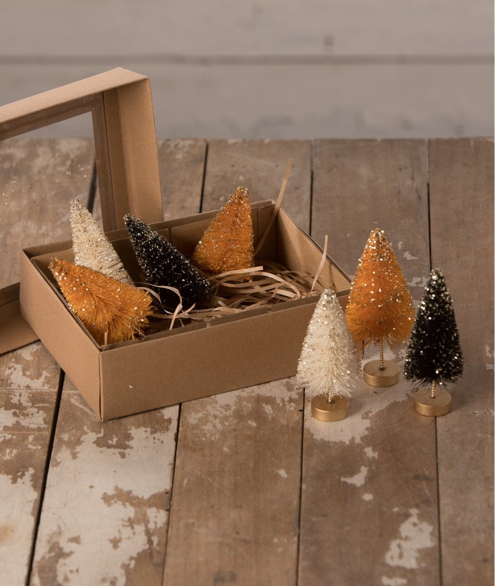 Mini Halloween Bottle Brush Trees with Gold Glitter