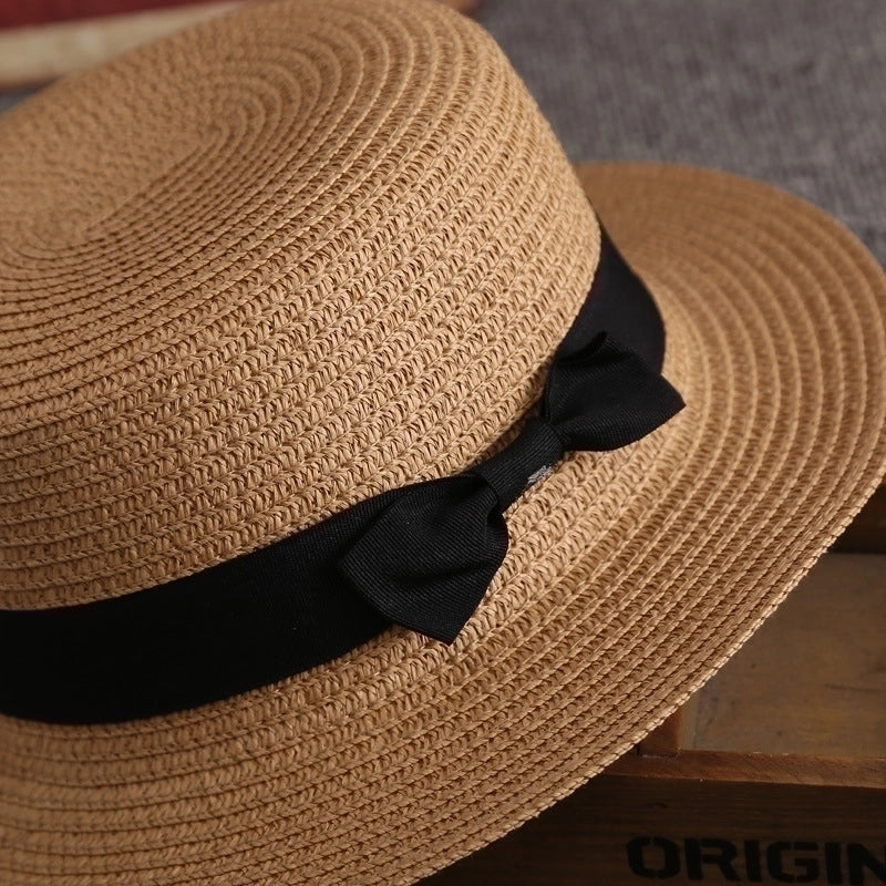 Straw Hat Female Summer British Retro Flat Top Beach Travel Hat