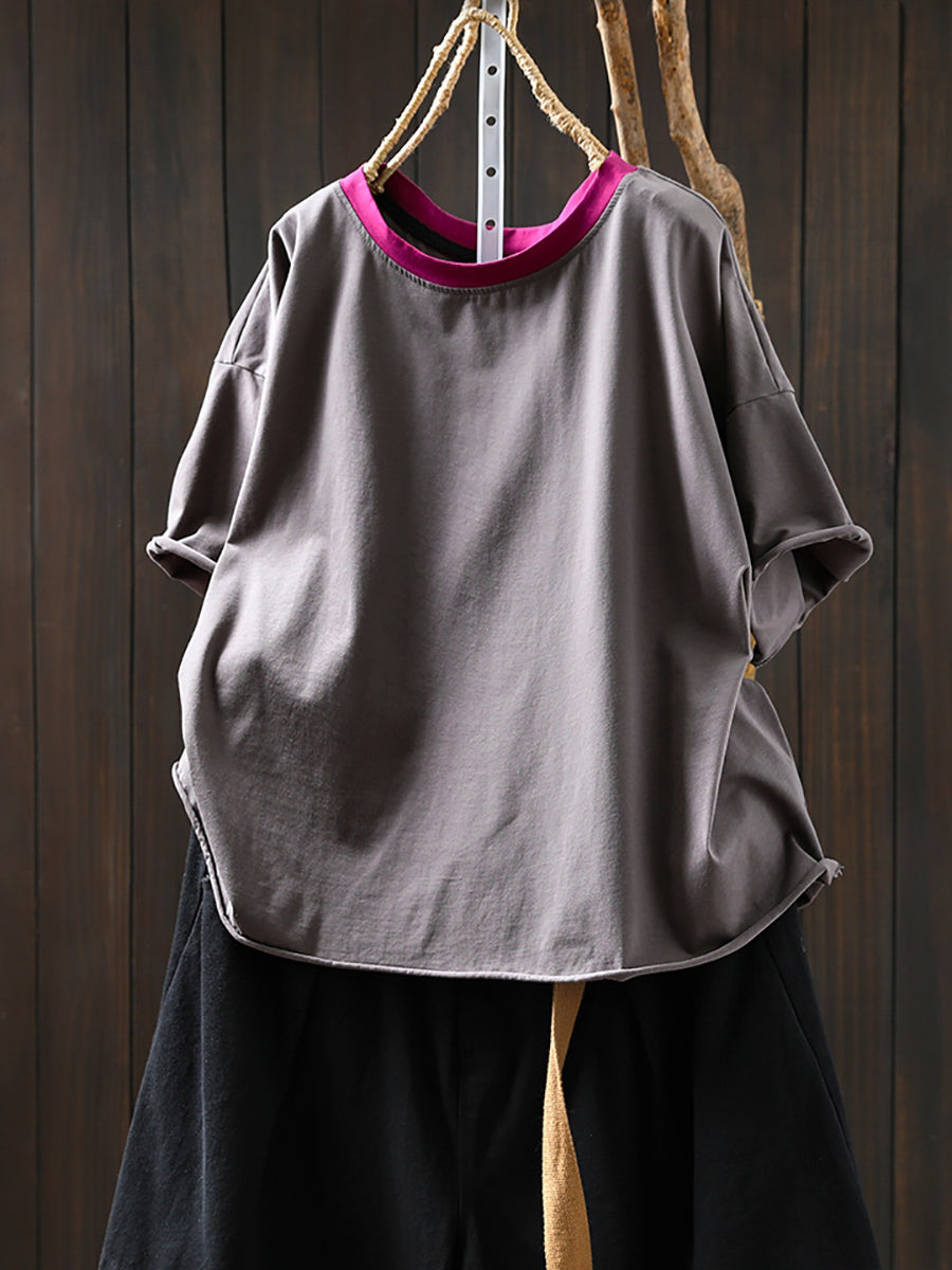 Women Summer Casual Cotton O-Neck Colorblock Shirt