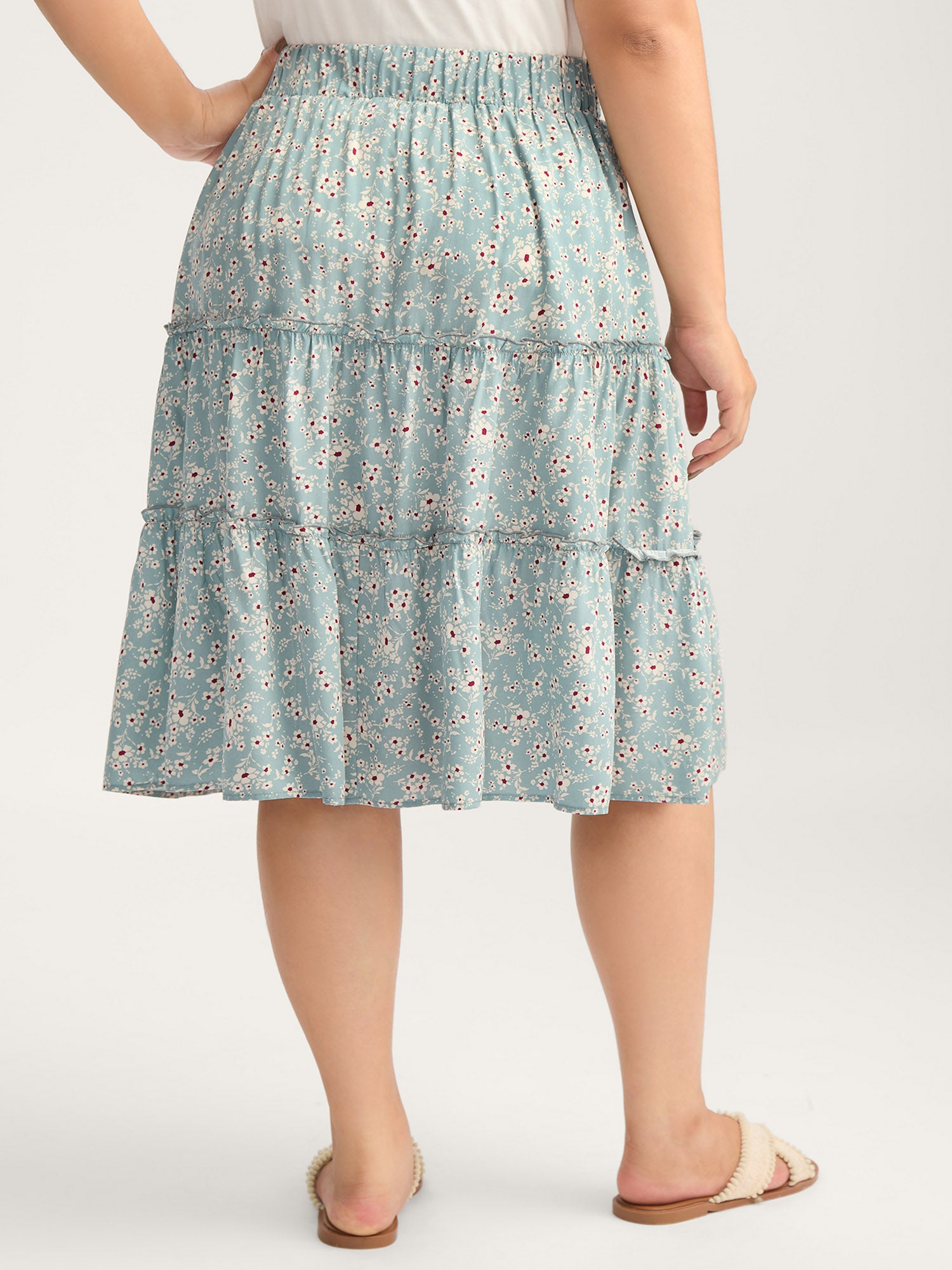 Floral Print Stretchy Waist Tiered Midi Skirt