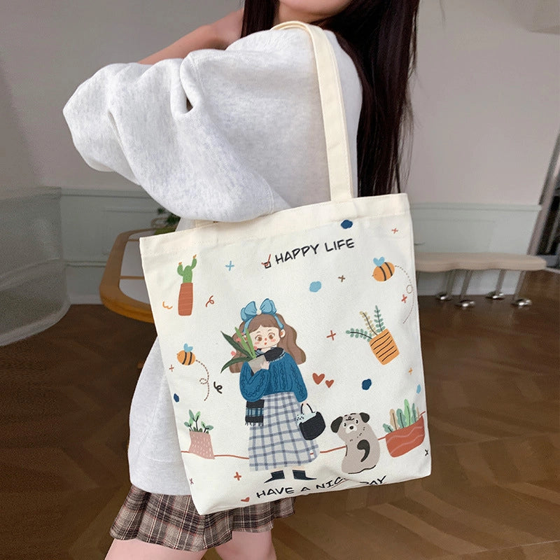 Women's Canvas Animal Cartoon Flower Cute Square Open Tote Bag